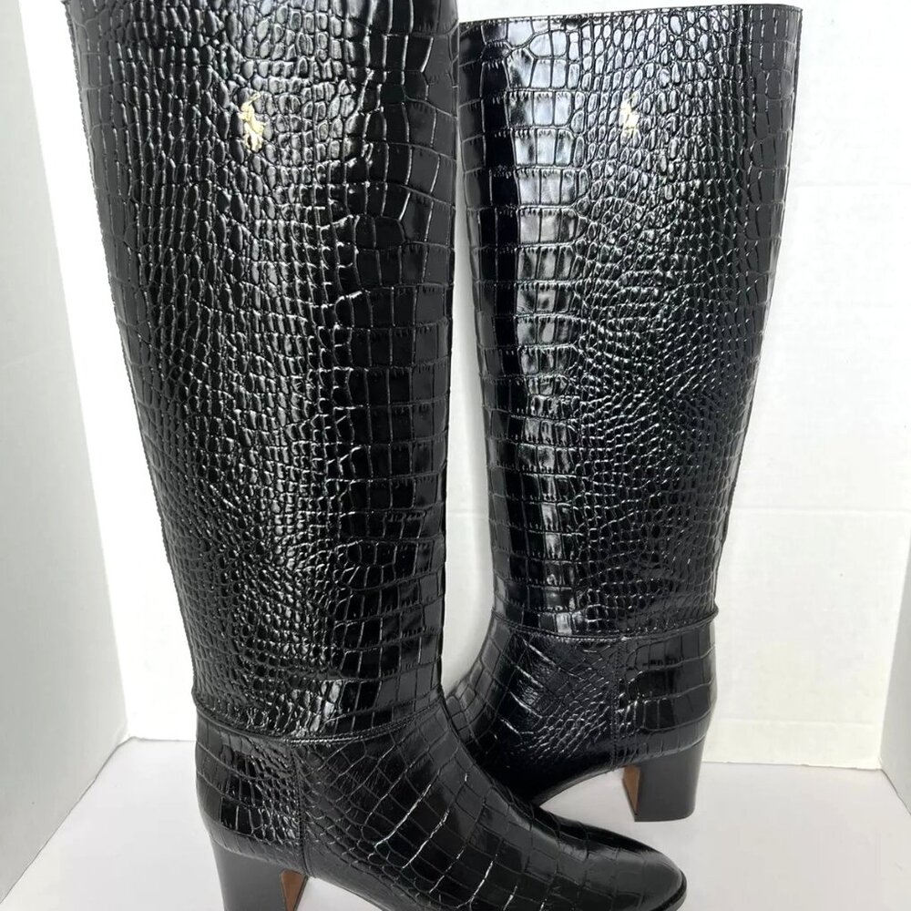 Polo Ralph Lauren City Black Crocodile Embossed Tall Leather Boots Size 9B